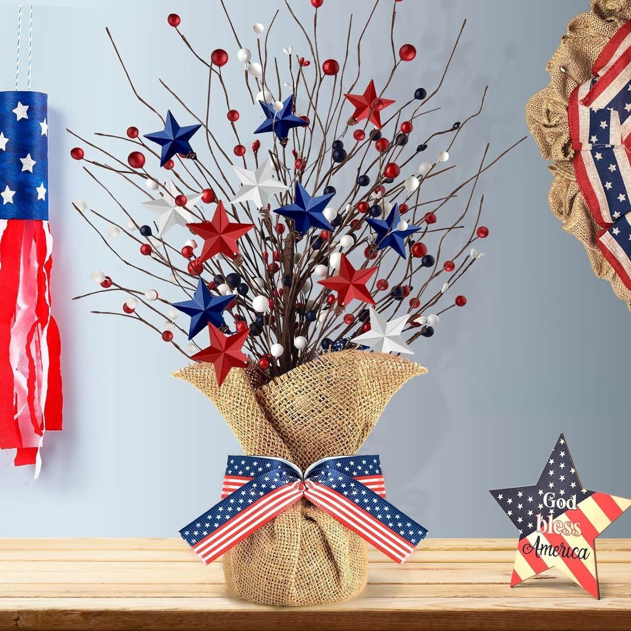 4Th of July Artificial Tree Tabletop Decor Patriotic Tree Red Blue White Artificial Berry Stem Picks Star Shaped Rattan Balls Decor Burlap Base Farmhouse Tree for Independence Day Home Party Wedding